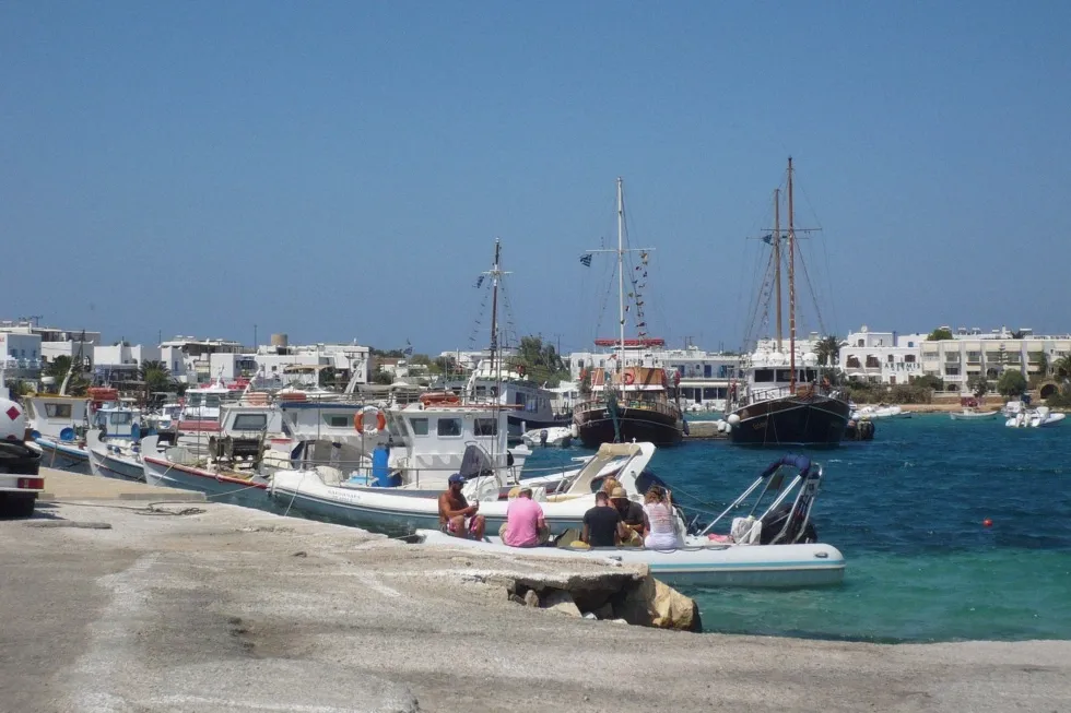 The harbour front of Antiparos town where the wooden boat trip boards