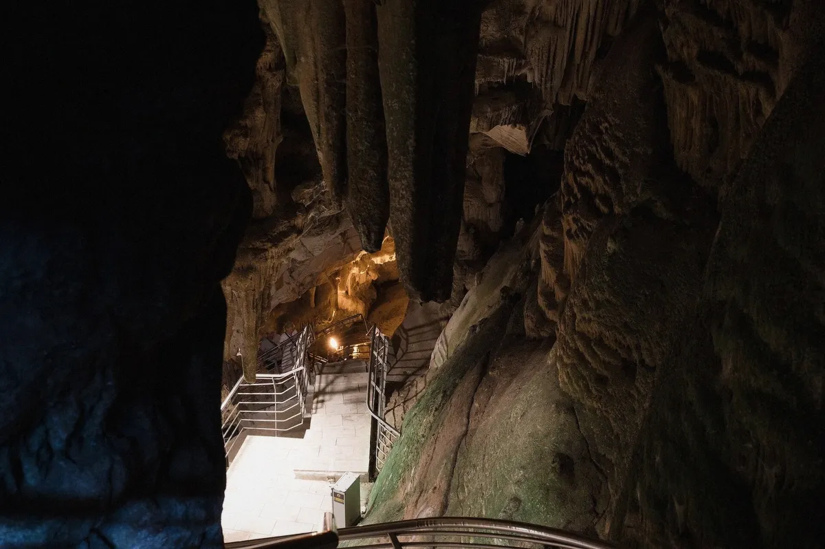 Stalactites inside the Antiparos cave visited on an independent day trip