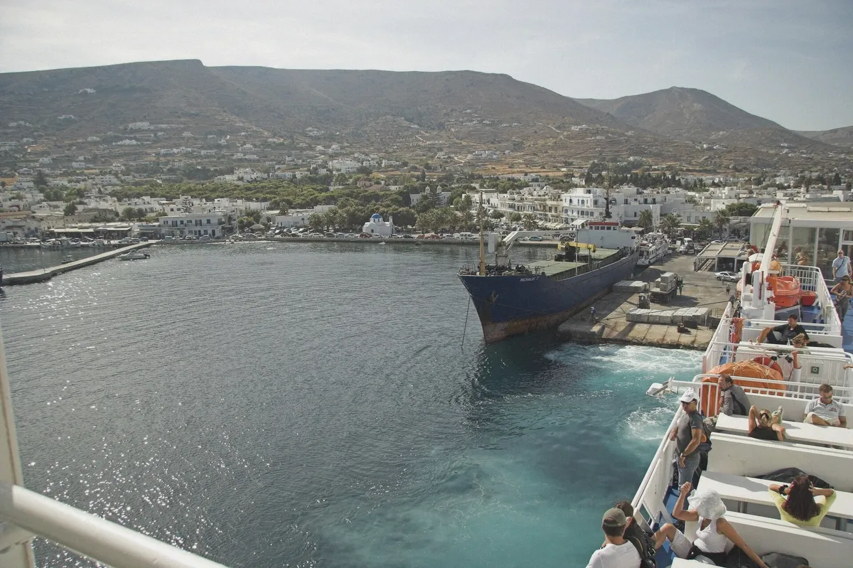 Whitewashed lanes of Parikia town on Paros before a boat day from the port