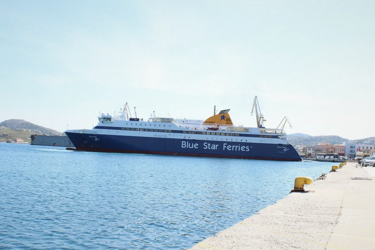 Ferry boat moored at Parikia port connecting Paros with the mainland