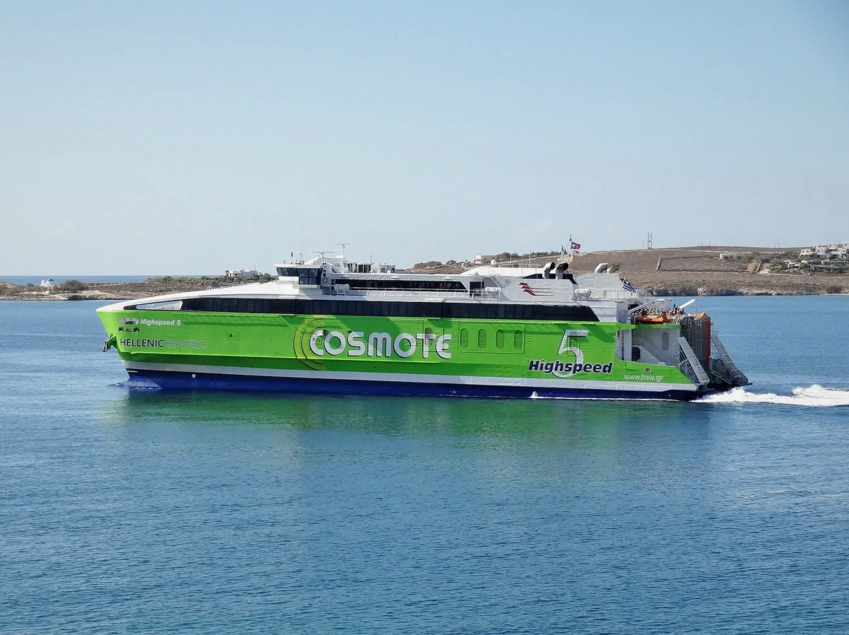High-speed ferry docking at Parikia port on Paros
